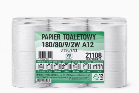 Papier toaletowy Jumbo 80m 2 warstwowy 12 rolek 333 listki celuloza papier toaletowy przemysłowy