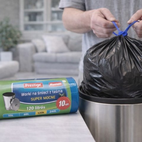 Worki na śmieci Prestige 120L – 10 szt., super mocne, z taśmą ściągającą