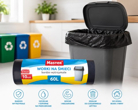 Worki Na Śmieci Master 60L 10 Szt Bardzo Wytrzymałe Czarne